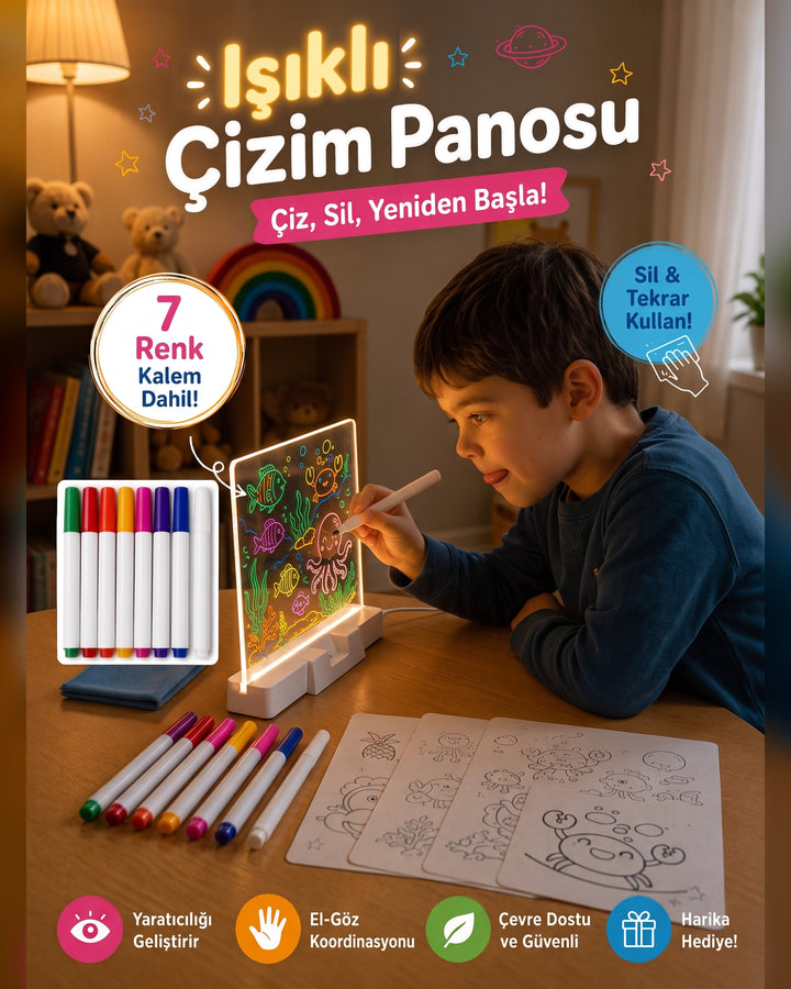LED Işıklı Yazı ve Çizim Panosu 20x20 cm — 7 Kalem ve Stand
