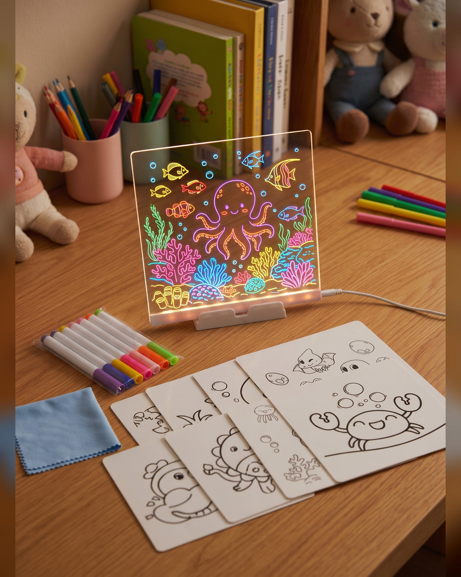 LED Işıklı Yazı ve Çizim Panosu 20x20 cm — 7 Kalem ve Stand